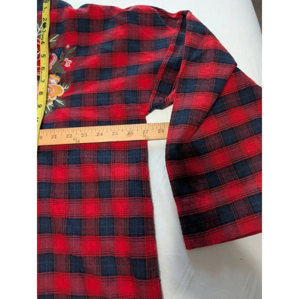 Umgee Womens 2XL Red Black Plaid Button-Down Shirt Floral Embroidery Long Sleeve - Picture 10 of 12
